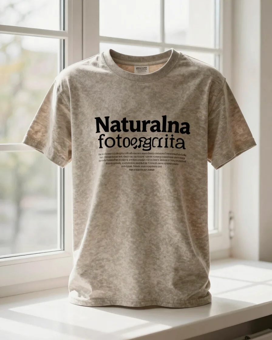 Naturalna fotografia produktowa: koszulka z nadrukiem typograficznym leżąca na neutralnym jasnym tle, miękkie światło dz